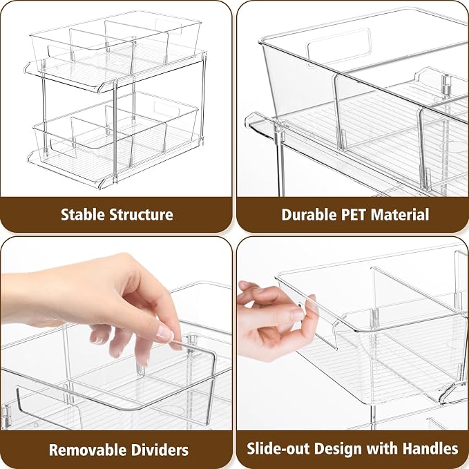 Bathroom Under Sink Organizers and Storage, 2 Tier, 1 Pack | Clear Vanity Countertop Pull-out Cabinet Organizer, Stackable Multi-Purpose Kitchen Pantry Organization with Dividers