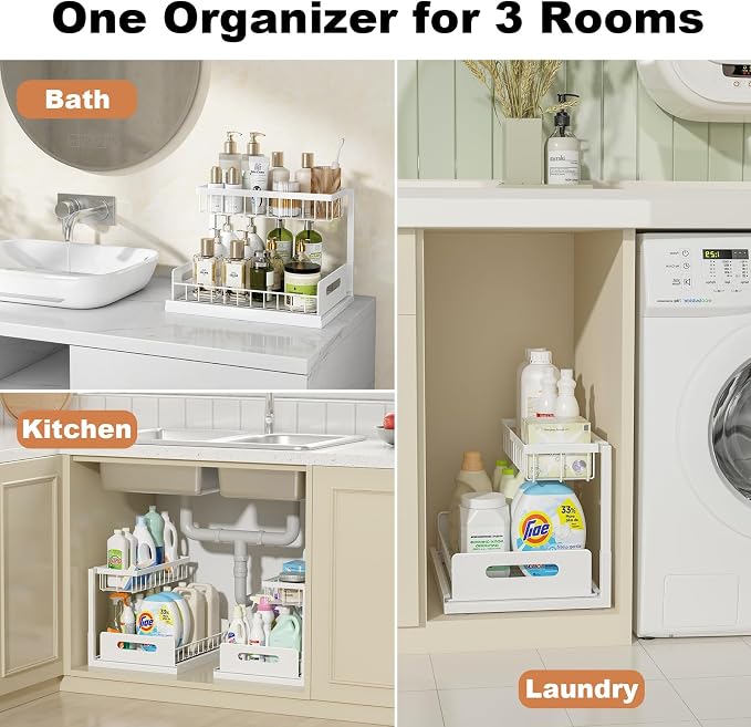 Under Sink Organizer, L-Shaped 2 Tier Pull Out Cabinet Organizer | Slide Out Sink Shelf Cabinet Storage Shelves, Under Sink Storage for Kitchen Bathroom Cabinet, White, 1 Pack