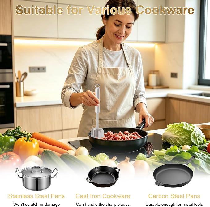 304 Stainless Steel Meat Chopper & Potato Masher, 6 Blade | Ground Beef Smasher for Hamburger, Heavy Duty Kitchen Tool for Chicken, Vegetables, Mixing and Mashing, Food Grade Utensil