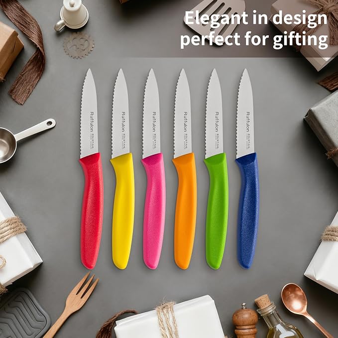 Stainless Steel Paring Knife With Serrated Blade, 6 Pieces Set Vegetable and Fruit Knife, Ultra Sharp Small Kitchen Knife, Colorful Paring Knifves with PP Plastic Ergonomic Handle.