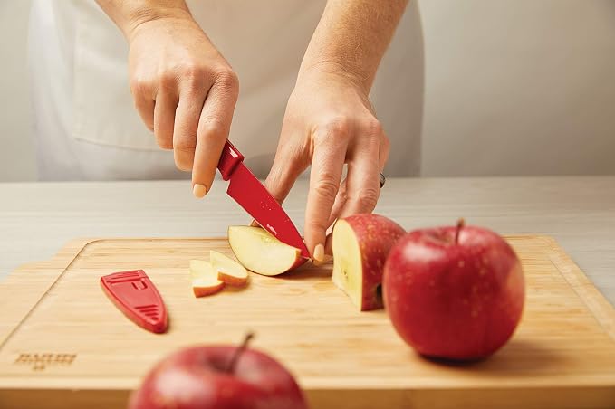 Kuhn Rikon Straight Paring Knife with Safety Sheath, 4 inch/10.16 cm Blade, Red, Yellow & Blue (Pack of 1) | Protective Sheaths, Japanese Stainless Steel, Fruit and Vegetable Knives