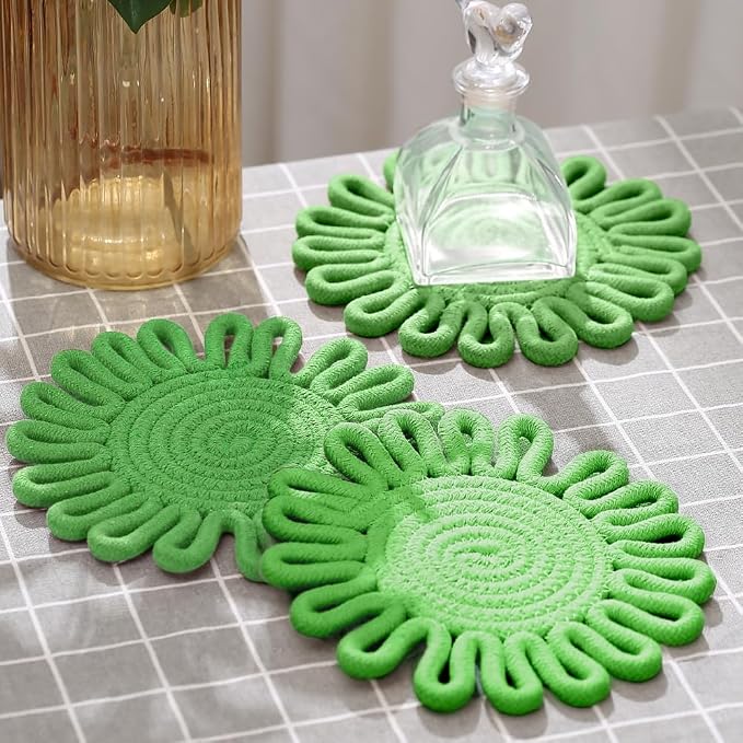 Kitchen Trivets for Hot Dishes Potholders for Countertop Hot Pads Hot Mats or Trivets for Hot Pots and Pans Home Essentials Boho Farmhouse Kitchen Decor Set of 3, 100% Cotton,7.5" (Olive Green)