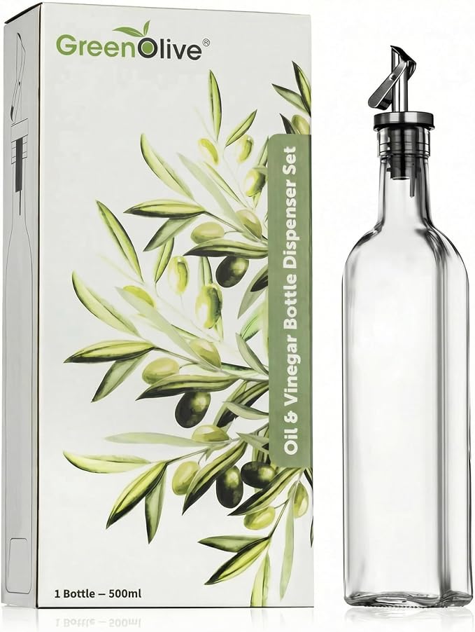 GREENOLIVE Olive Oil Dispenser Bottle - 17 oz. Clear Glass Bottle with No-Drip BPA-Free Spout - Ideal for Kitchen and Cooking Essentials - Single Bottle