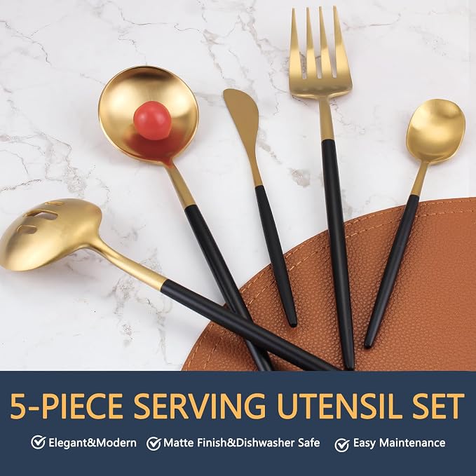 Blackgold Serving Utensils,5 Pieces Hostess Set,Stainless Steel Serving Utensils Set Include Serving Fork,Large Serving Spoon and Serving Slotted Spoons,Sugar Spoons and Butter Knife,Dishwasher Safe