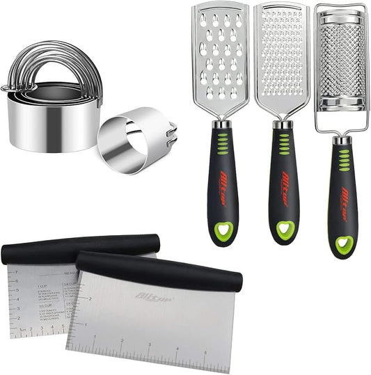 ALLTOP 2Pcs Bench Scraper, 3Pcs Food Graters, 1Pc Pastry Blender & Biscuit Cutter - Stainless Steel Kitchen Tool Set