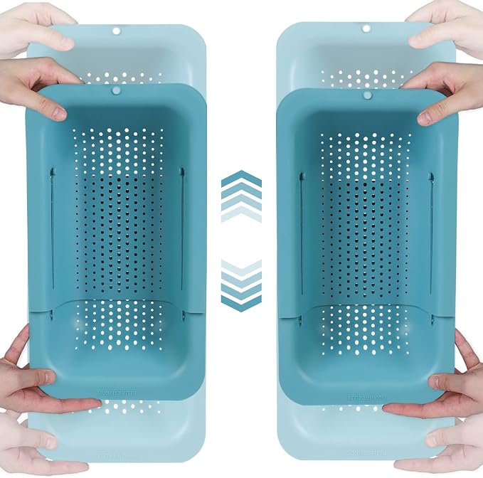 BLUE GINKGO Over the Sink Colander Strainer Basket - Wash Vegetables and Fruits, Drain Cooked Pasta and Dry Dishes - Extendable - New Home Kitchen Essentials (Green, 2 Pack)