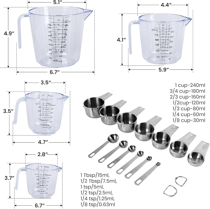 7x Stainless Steel Measuring Cups with 6x Measure Spoons Set,4x Py&Res Plastic liquid Measurings Cups for Liquids,Kitchen Gadgets for Cooking & Baking Utensils Christmas Gift (17Pcs)