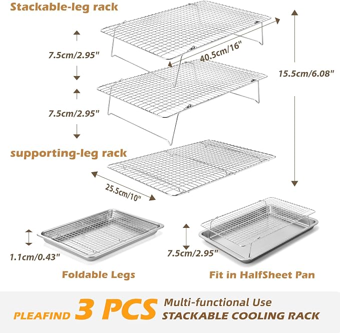 Pleafind 3 PCS Silver Stackable Cooling Rack -16 x 10 Inch Wire Rack, Heavy Duty Stainless Steel Baking Racks, Cooling Racks for Cooking and Baking Cookie Pizza Cake, Oven and Dishwasher Safe