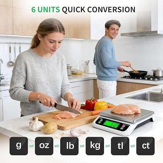 Large Digital Kitchen Scale 40kg/88lbs with Tare and PCS Funtion | Commercial Food Scale with 6 Unit and Coins LCD Display Stainless Steel Baking Scale for Cooking, Adapter Included White