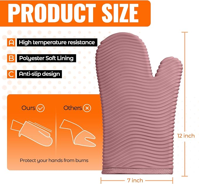 YUTAT Silicone Oven Mitts,Heat Resistant Oven Gloves with Soft Polyester Filling,Perfect for BBQ, Baking and Cooking,Pink,2 Pcs Set
