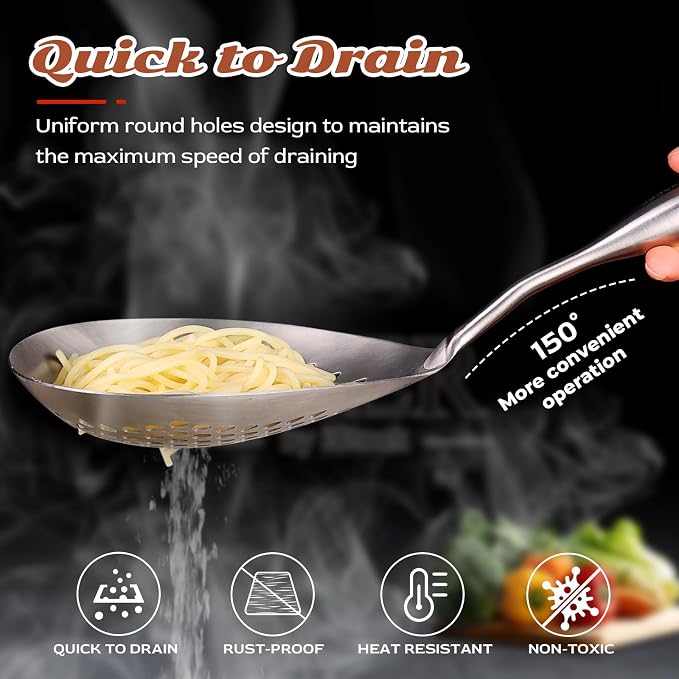 MARTE Skimmer Slotted Spoon Set of 3-304 Stainless Steel Spider Strainer Tools Ladle Spoon with Handle for Cooking and Frying - Kitchen Large Pasta Strainer Frying Colander - 14.8In,16.5In,17In