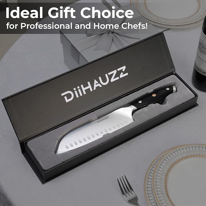 DiiHAUZZ Chef Knife, 7 Inch Ultra Sharp Japanese Santoku Knife, High Carbon Steel Forged Professional Kitchen Knife with Full Tang Triple-Riveted Ergonomic Handle for Slicing, Chopping, Dicing