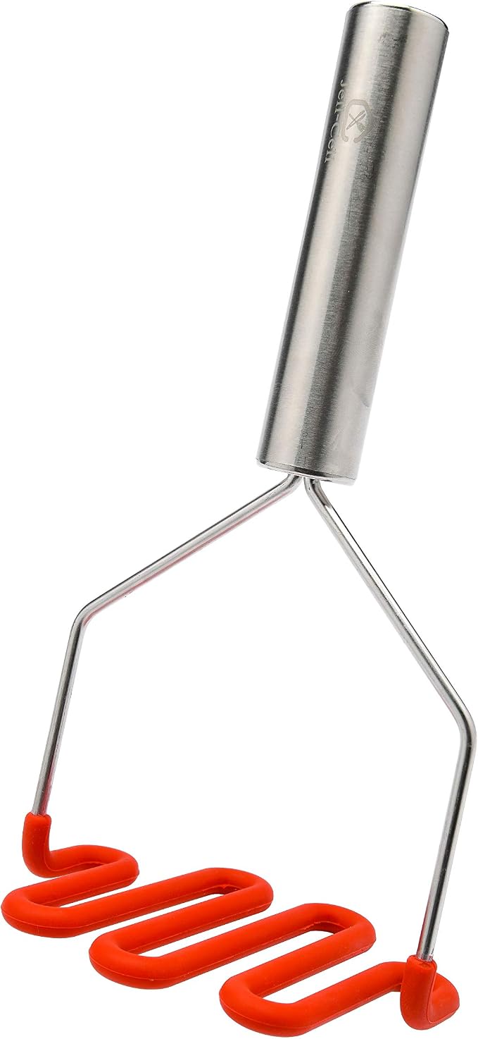 Jell-Cell Potato Masher - Silicone Protect Body with Premuim Stainless Steel Non Scratch Cookware for Smooth Mashed Potato Vegetables and Fruits Color Red