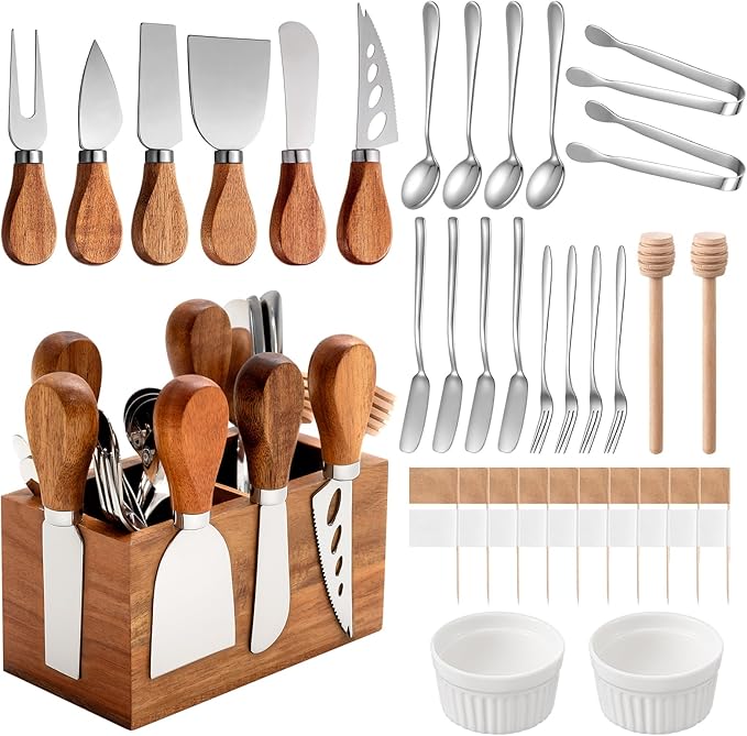 Hushee 44 Pcs Charcuterie Boards Accessories with Magnetic Acacia Wood Holder Wooden Cheese Knife Set for Wood Handle Knives for Cheese Knife Slicer with Tongs, Spoons, Forks, Honey Dipper (Style 2)