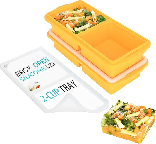 XOMOO Silicone Freezer Tray With Lid-Soup Freezer Container molds-2-cup Extra Large Ice Cube Tray-makes 4 perfect 500ml portions cubes, For freezing soup,stews,sauces.Oven&Dishwasher-Safe(2-Pack)