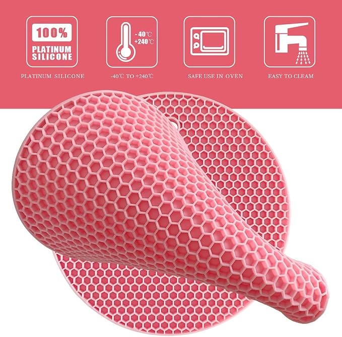 7-Inch Round Silicone Trivet Mats - 4-Pack Non-Slip Heat Resistant Hot Pads for Kitchen Countertops, Pots and Pans (Pink)
