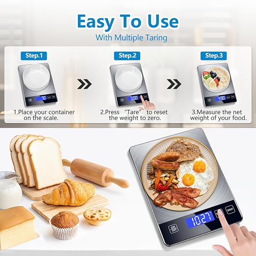 Food Kitchen Scale, Digital Food Scale 33lb Digital Kitchen Scale Precisely Measures Grams and Ounces for Meal Prep Baking and Cooking, Rechargeable 304 Stainless Steel Kitchen Scale LCD Display