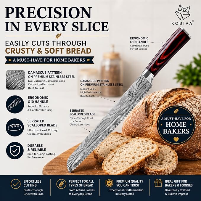 Premium 10-inch Serrated Bread Knife | Razor Sharp Cutter for Homemade Bread, Sourdough & Cake | Elegant Kitchen Essential for Effortless Slicing, Damascus Steel Lasered Pattern | Kitchen Gifts | Ultra-sharp serrated edge for sourdough, bagels, cakes. ...