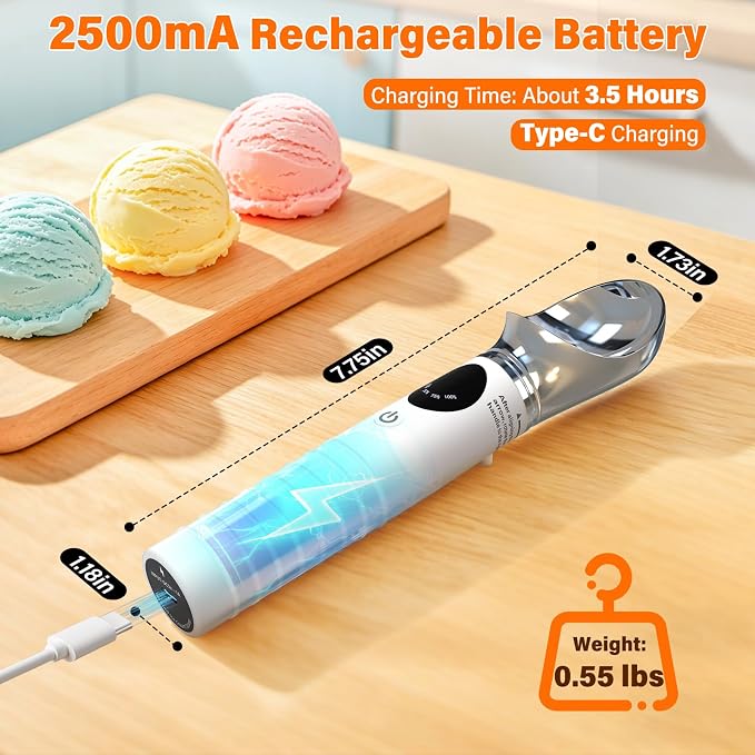 TRELC Heated Ice Cream Scoop Rechargeable, Electric Ice Cream Scooper with 4-Level Temp 100-160℉ & LED Display, 2500mA Battery, Ergonomic Handle, Easy to Scoop for Hard Ice Cream(White)