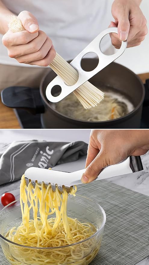 3 Pieces Stainless Steel Spaghetti Server Set | Pasta Tong, Spoon Server Fork, Measure Tool - Kitchen Cooking Utensil Set, for Noodles Serving Gadgets