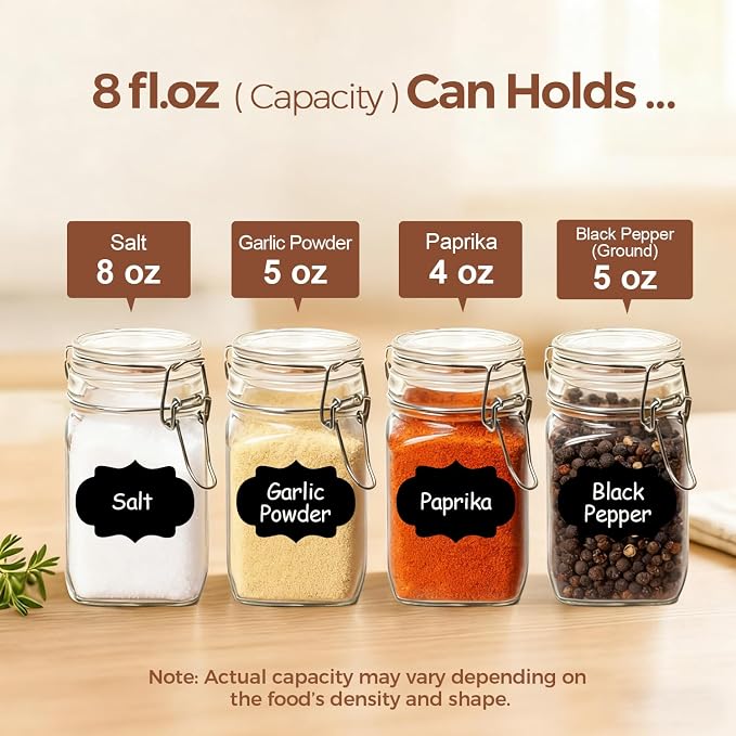ComSaf Square Small 8 oz Glass Spice Jars with Airtight Lids 12 Pack Pantry | Jams herbs, Overnight oats, Pickling favors, Labels included, Funnel included, Pantry organization, Sourdough pickling