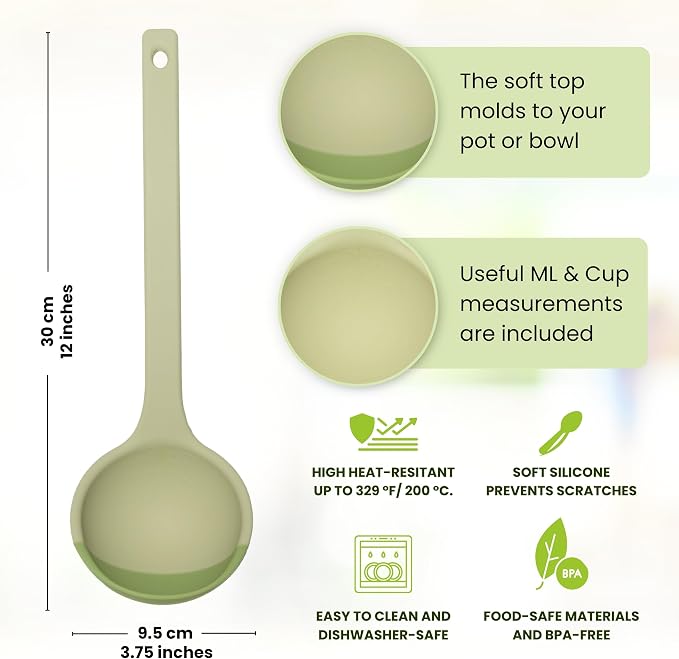 Silicone Spoon - Colorful Silicone Spatula Ladle with a Soft Top to Mold to your Pots & Pans. (Green/Grey)