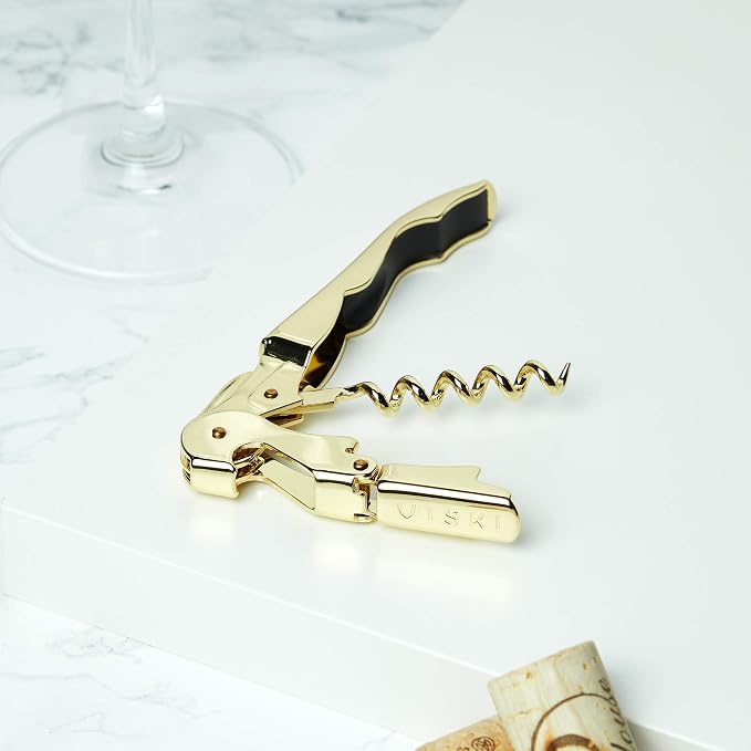 Viski 24k Gold Plated Signature Double Hinged Waiter's Corkscrew Wine Opener, Stainless Steel with Built-in Bottle Opener & Foil Cutter for Home Bar, Kitchen, Travel, Gifts for Wine Lovers, Set of 1