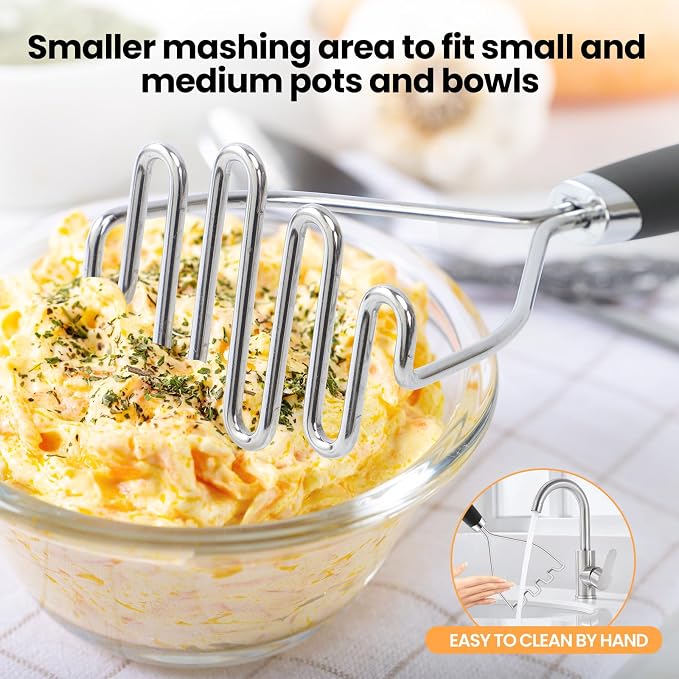 2Pcs Potato Masher Set with Silicone Handle, Premium Stainless Steel Potato Masher, Integrated & Wire Masher for Potatoes, Avocado, Vegetables and Baby Food