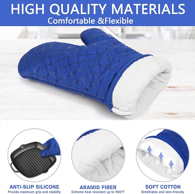 6 Pcs Oven Mitts and Pot Holders, 500℉ Heat Resistant Oven Mitts with Kitchen Towels Soft Cotton Lining and Non-Slip Silicone Surface Safe for Baking, Cooking, BBQ (Blue)