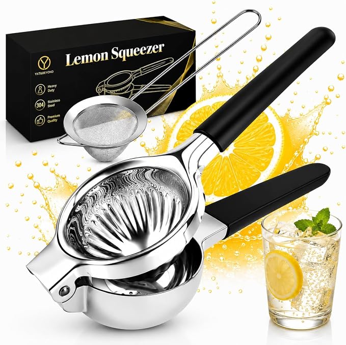 304 Stainless Steel Lemon Squeezer, Manual Lime Squeezer with 13 Filter Holes & Fine Strainer – Heavy Duty Citrus Juicer with Non-Slip Handles, Dishwasher Safe