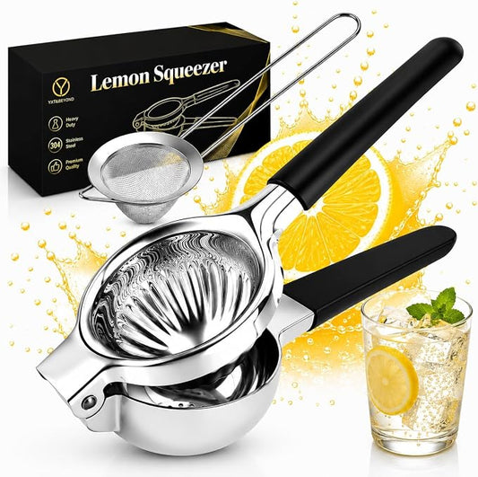 304 Stainless Steel Lemon Squeezer, Manual Lime Squeezer with 13 Filter Holes & Fine Strainer – Heavy Duty Citrus Juicer with Non-Slip Handles, Dishwasher Safe
