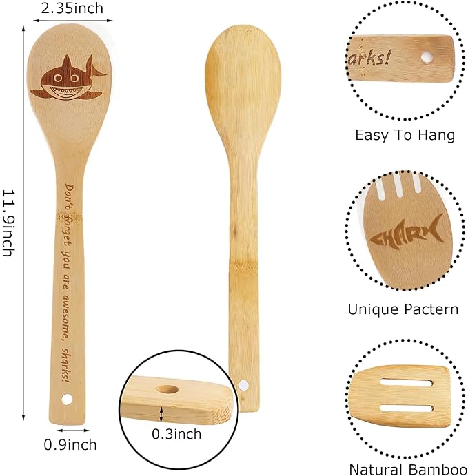 5PCS Shark Wooden Cooking Spoons Set Bamboo Cooking Spoons | Shark Kitchen Decor Housewarming Wedding Anniversary Thanksgiving Christmas for Mom Women Ocean Lovers