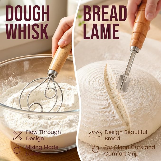 DOYOLLA Bread Proofing Basket Set, Sour Dough Tools with Silicone Bread Sling, Sourdough Starter Kit, Baking Gifts, Bread Making Kit (Round,8.5 inch)