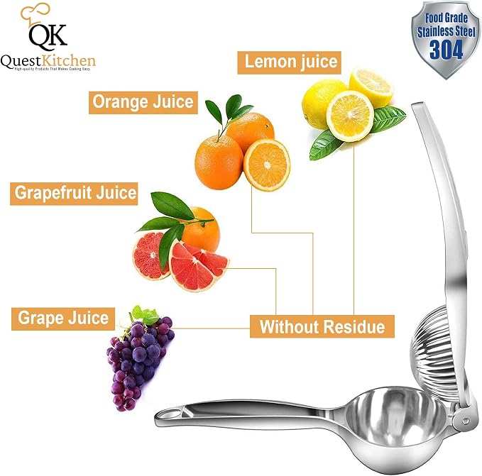 Lemon Squeezer Stainless Steel Quest Kitchen - Manual Juicer Press - for Limes - Lemons - and Small Oranges - Pure and Organic Juicer Extractor - Easy to Clean and Use - Commercial grade quality