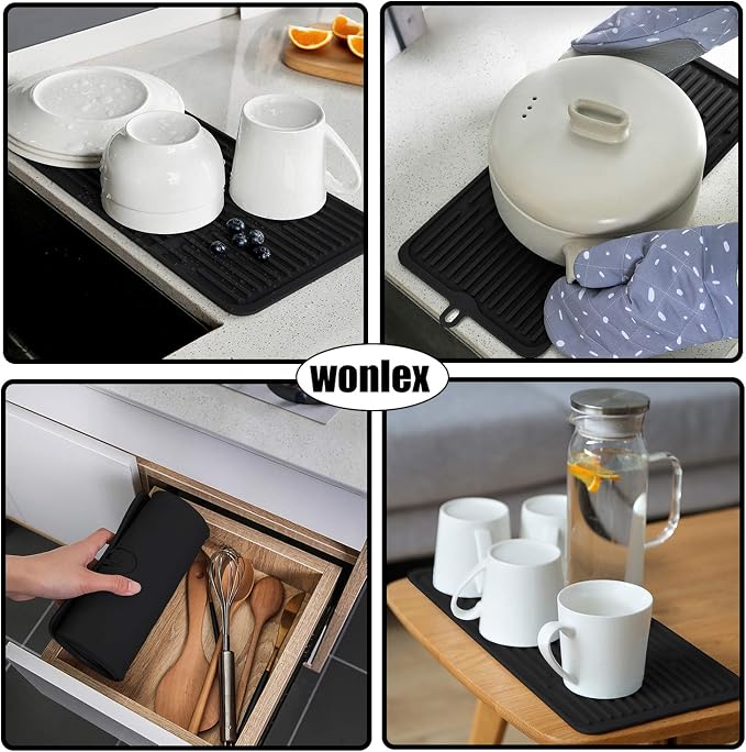 Silicone Dish Drying Mat 18”x8”, Heat Resistant Trivets for Kitchen Counter, Draining Mat, Sink Mat, Hot Pads for Multiple Usage (Black)