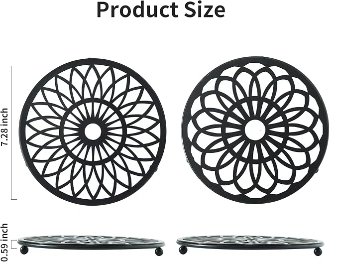 2 Pack Decorative Round Flower Trivets - 7 Inch Iron Pot Pads, Black Elegant Kitchen and Dining Table Protector, Teapot Stands Holders, Metal Plant Holder for Desktop Potted Plant、Small Green Plants