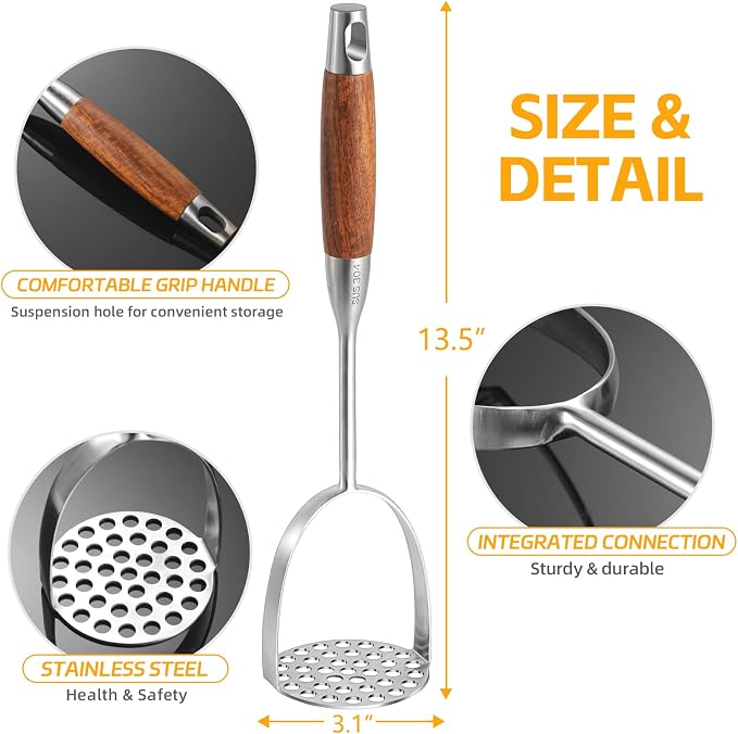 Potatoe Masher Stainless Steel - Heavy Duty Potato Mashed, Professional Integrated Masher for Avocado, Potatoes, Beans, Meat, Vegetables