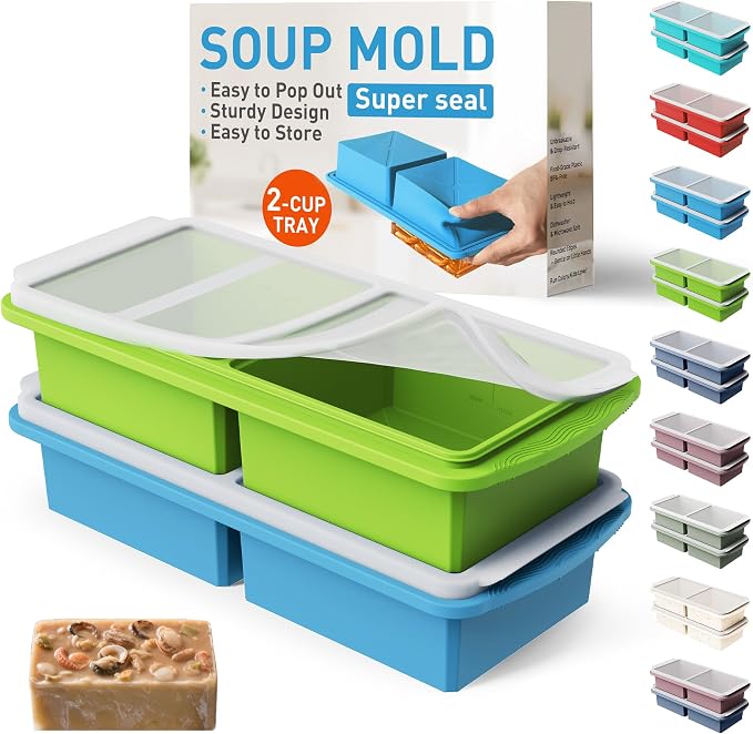 Silicone Freezer Tray with Lid Soup Freezer Container Molds with Steel Reinforced Rim Large Ice Cube Tray Makes 4 Perfect 2 Cup Portions Cubes Storage Food Ice Trays Kitchen Tools for Cooking 2 Pack