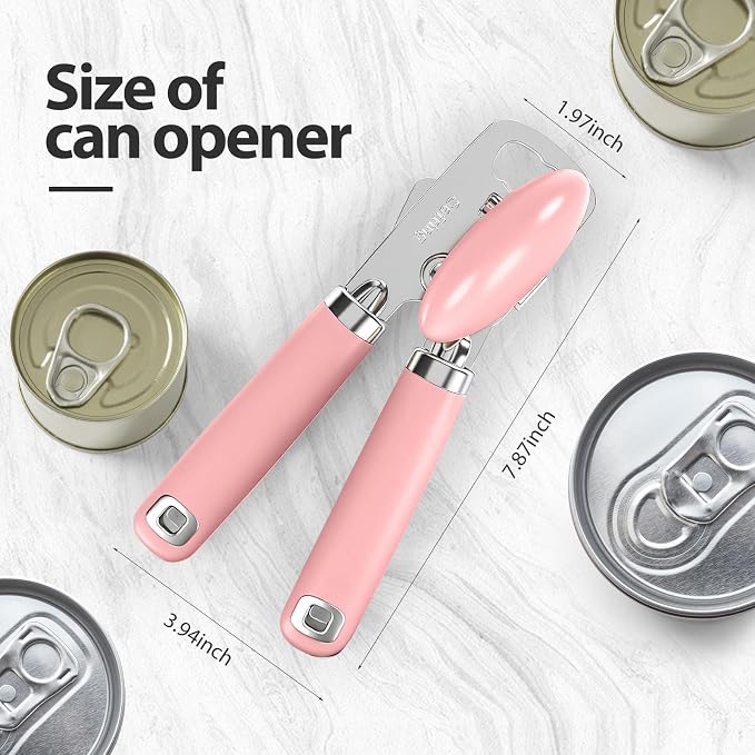 Safring Can Opener Manual, Heavy Duty Stainless Steel Smooth Edge Can Openers With Soft Touch Handle, Oversized Handheld Easy Turn Knob, Multi-Function Bottle Opener, Pink