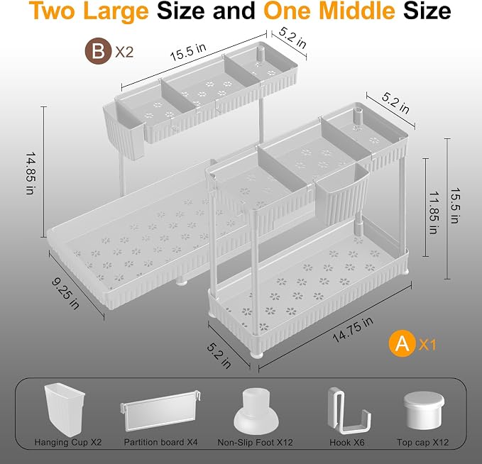 3-Pack 2-Tier L-Shaped Under Sink Organizers with Sliding Drawers | Multi-use kitchen & bathroom storage, 14.85 inch white cabinet organizer, space-saving sliding drawer design.