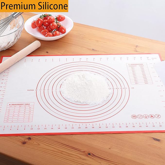 Silicone Baking Mat，Non Stick Rolling Dough with Measurements for Pie Pizza Cookies Fondant Making，Extra Thick Non Slip Silicone Pastry Mat (Red, XL-20"×28")