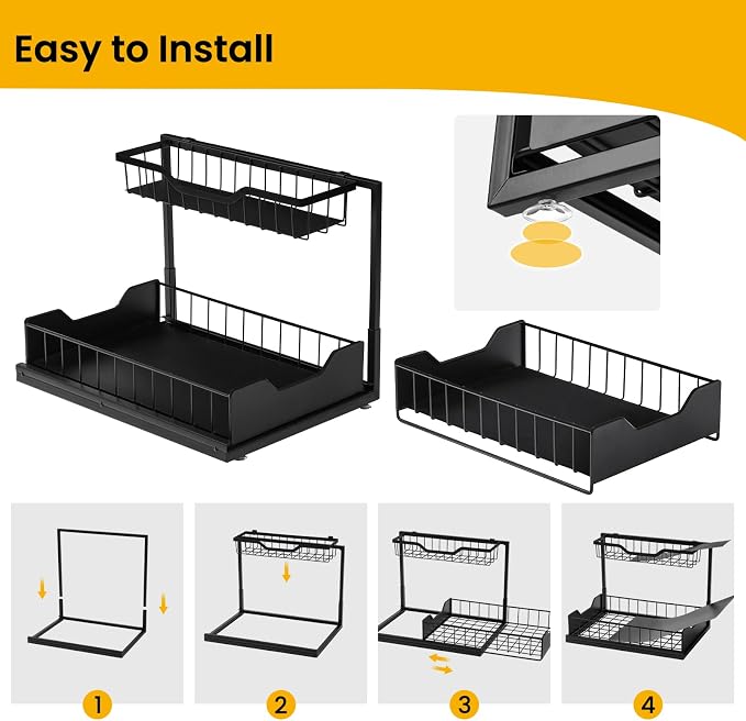 3 Pack, Under Sink Organizer 2-Tier with Slide Out Lower Drawer - Metal Pull Out Cabinet Organizer for Kitchen Bathroom, Includes Removable Center Basket & Storage Shelves, Space Saving Design