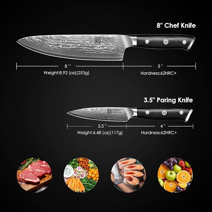 KEEMAKE Damascus Kitchen Knife Set, 2PCS Ultra Sharp 67-Layer Damascus Steel Chef Knife with G10 Non-Slip Handle, Elegant Box for Men Husband