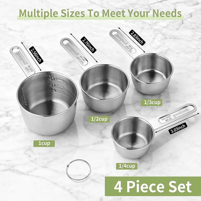 -BINGBING- Measuring Cups of 4, Stainless Steel Measuring Cups, Stackable | Stainless Steel Cups with Metal Handle for Dry and Liquid Ingredients, Ideal for Cooking & Baking