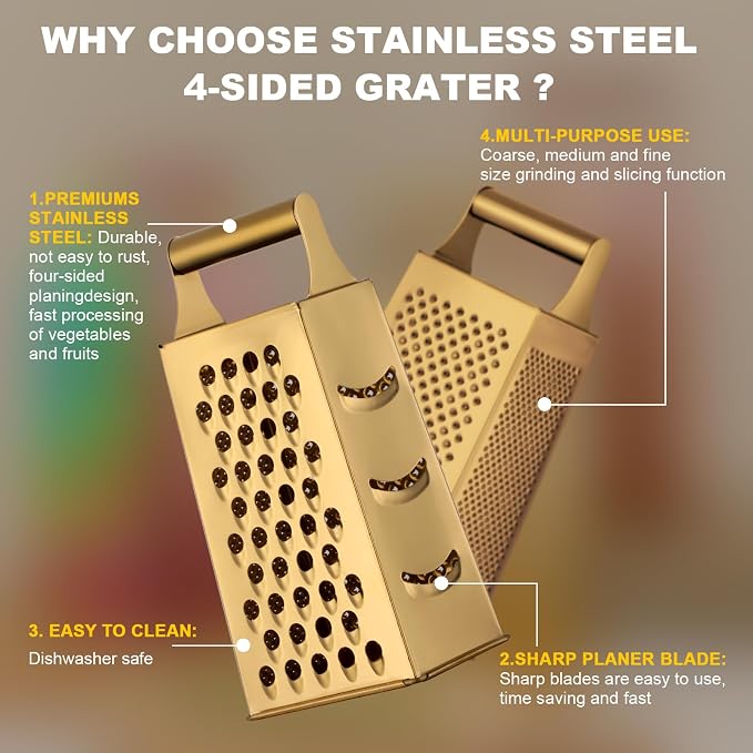 Handheld Cheese Grater Box for Kitchen, Stainless Steel 4 Sided Cheese Grater with Handle for Grinding Shredding & Slicing, Dishwasher Safe (Gold)