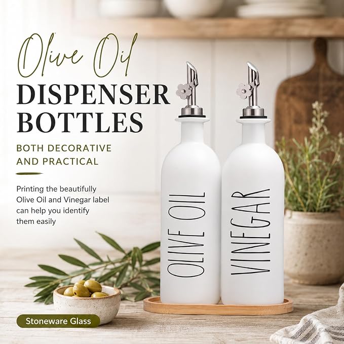 HOMCDALY 16oz Olive Oil Dispenser Bottles for Kitchen, White Oil and Vinegar Dispenser Set, Two Olive Oil Bottles with Bamboo Tray | Set of 2 (16oz-P-White)