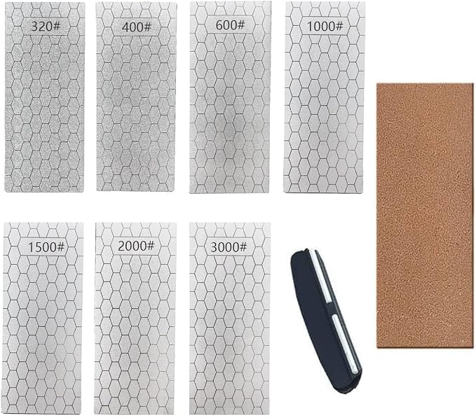Diamond Sharpening Stone, Knife Sharpener Stone Whetstone Honeycomb Surface Plate with Non-slip Base for Pocket Knives Scissors (320/400/600/1000/1500/2000/3000 Grit，with Angle Guide and Leather)