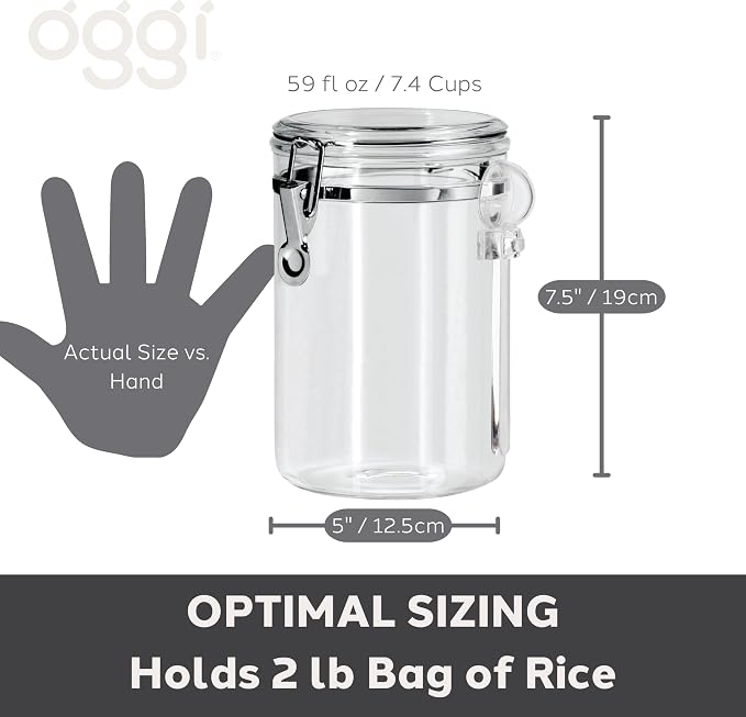 OGGI Clear Canister Airtight 61oz - Clamp Lid & Spoon - Airtight Food Storage Containers, Ideal for Kitchen & Pantry Storage of Bulk, Dry Food Including Flour, Sugar, Coffee, Rice, Tea, Spices & Herbs