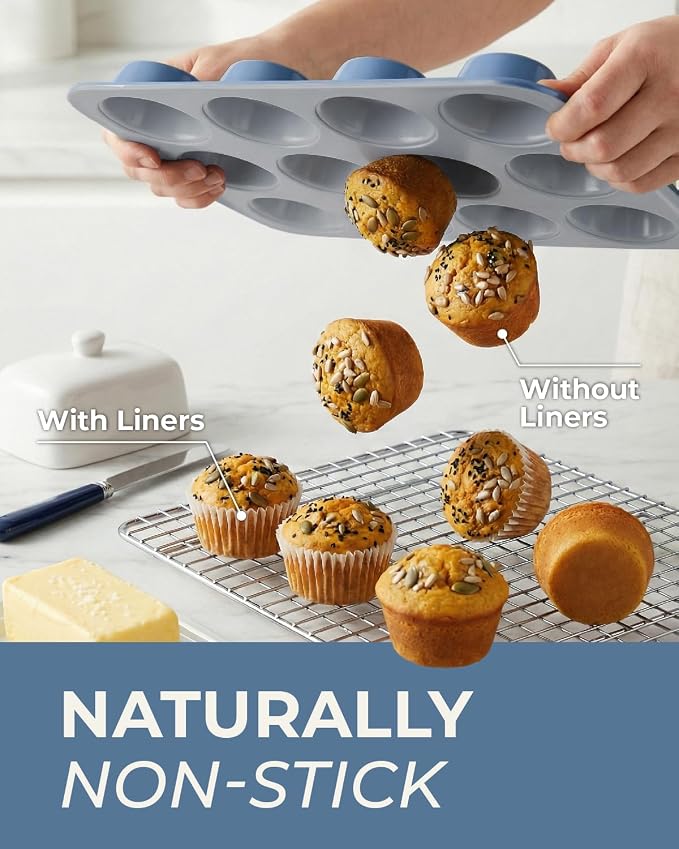CARTMAN Ceramic Muffin Pan 12 Cup with 200 Cupcake Liners, Non-Stick & Non-Toxic Baking Tin for Healthy Muffins and Cupcakes, Perfect for Home Kitchens and Parties