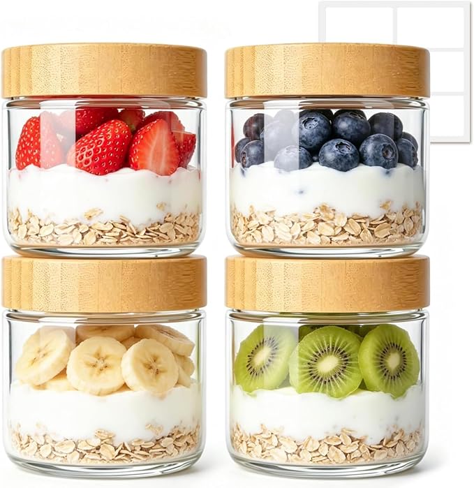 ComSaf Overnight Oats Containers with Lids 10 oz, Small Glass Jars 4 Pack | Mason Jars, Plastic Liner, Portable Yogurt Containers, Leakproof and Reusable Parfait Cups, Light Breakfast, Meal Prep, Oat